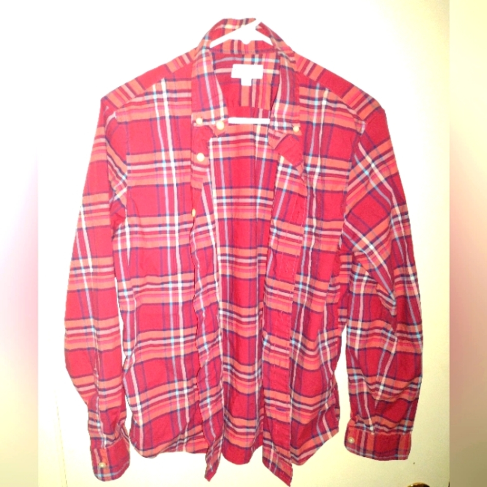 Men's Size S GAP Long-Sleeve Untucked Fit Shirt - Plaid Red/White/Blue